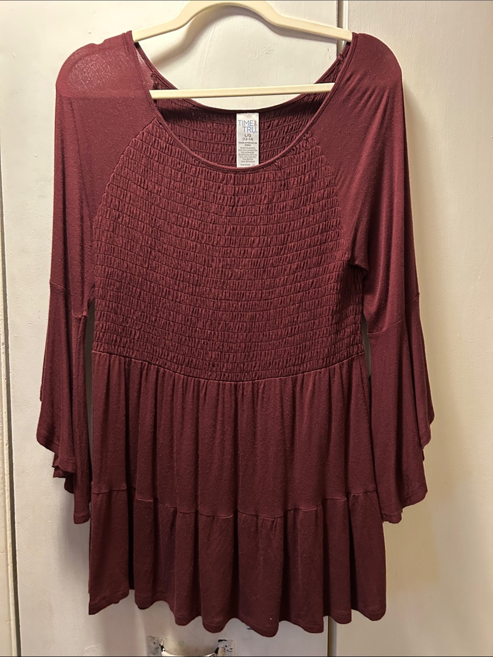 Time and Tru Wine Smocked Tiered Long-Sleeve Tunic